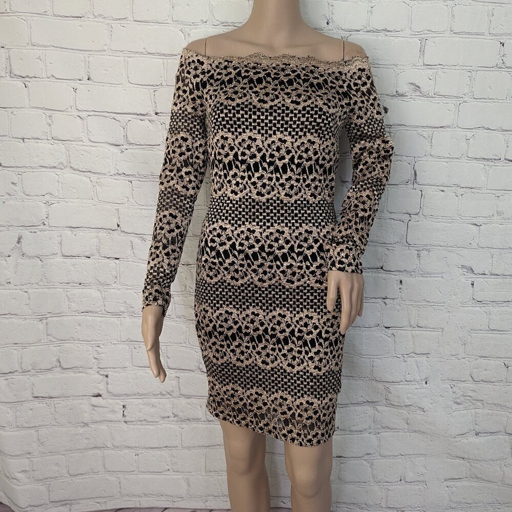 TRAC Black Gold Lace Stripe Bodycon Stretch Mini Dress L NEW